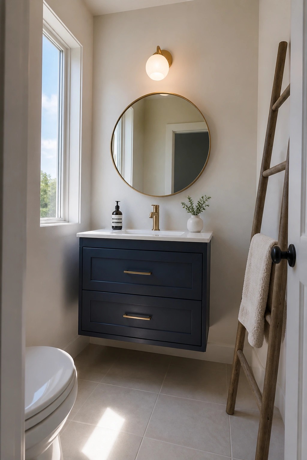 A small bathroom featuring a floating navy blue vanity with a white countertop and round mirror.