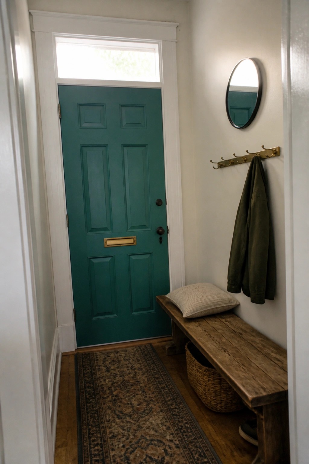 A deep teal door with white trim in a narrow entryway.