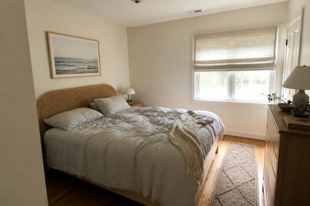 Light warm off-white walls in a small bedroom with wood flooring and a woven headboard.