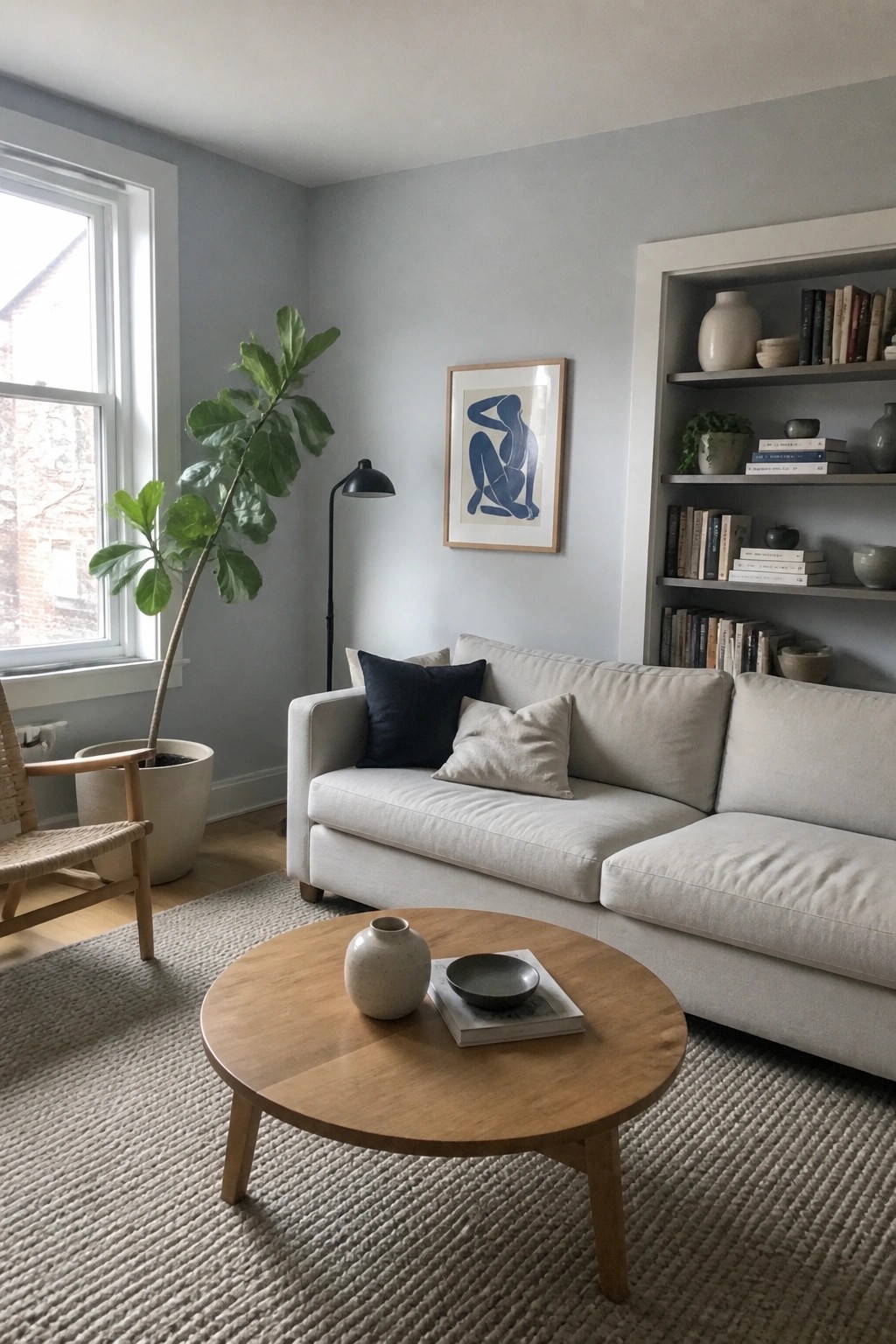 Light blue-gray walls in a small living room with wood flooring and a round coffee table.