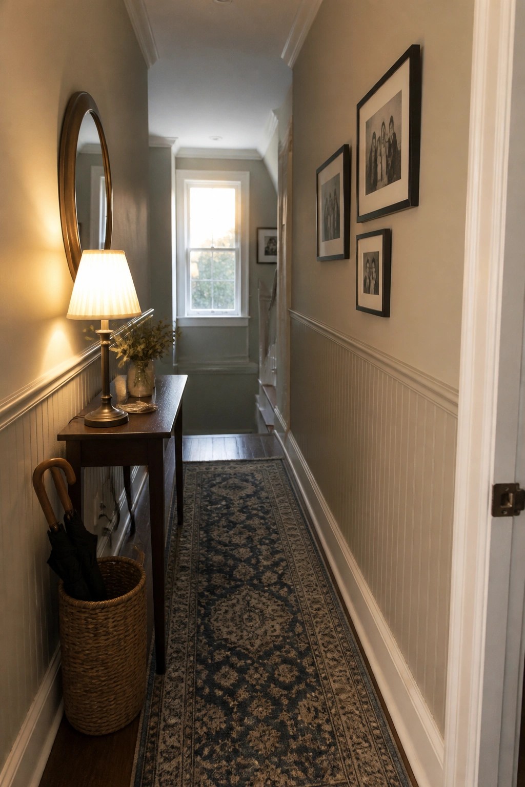 Light greige walls painted above white wainscoting in a narrow hallway.
