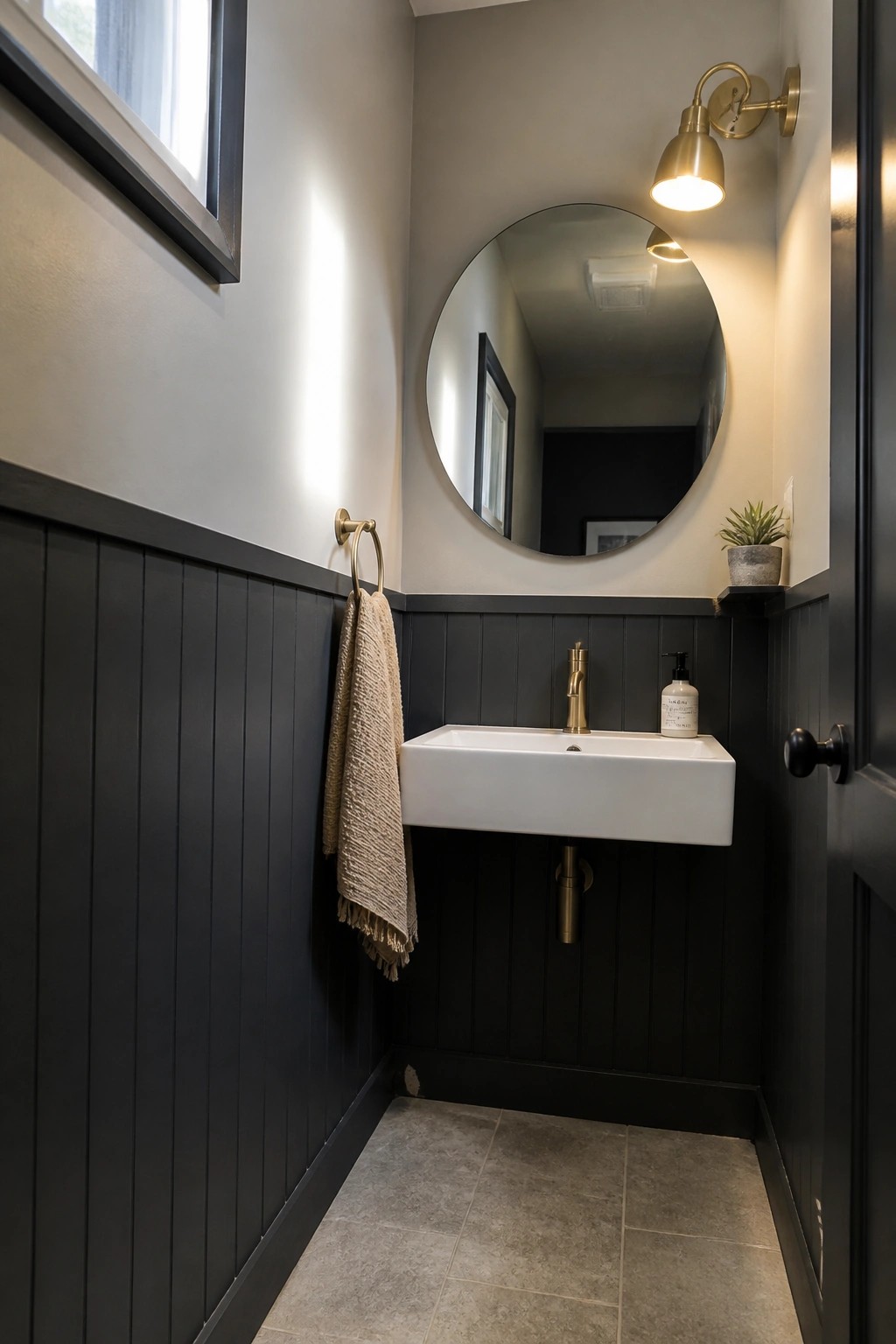 Small bathroom with light neutral paint on upper walls above dark wainscoting.