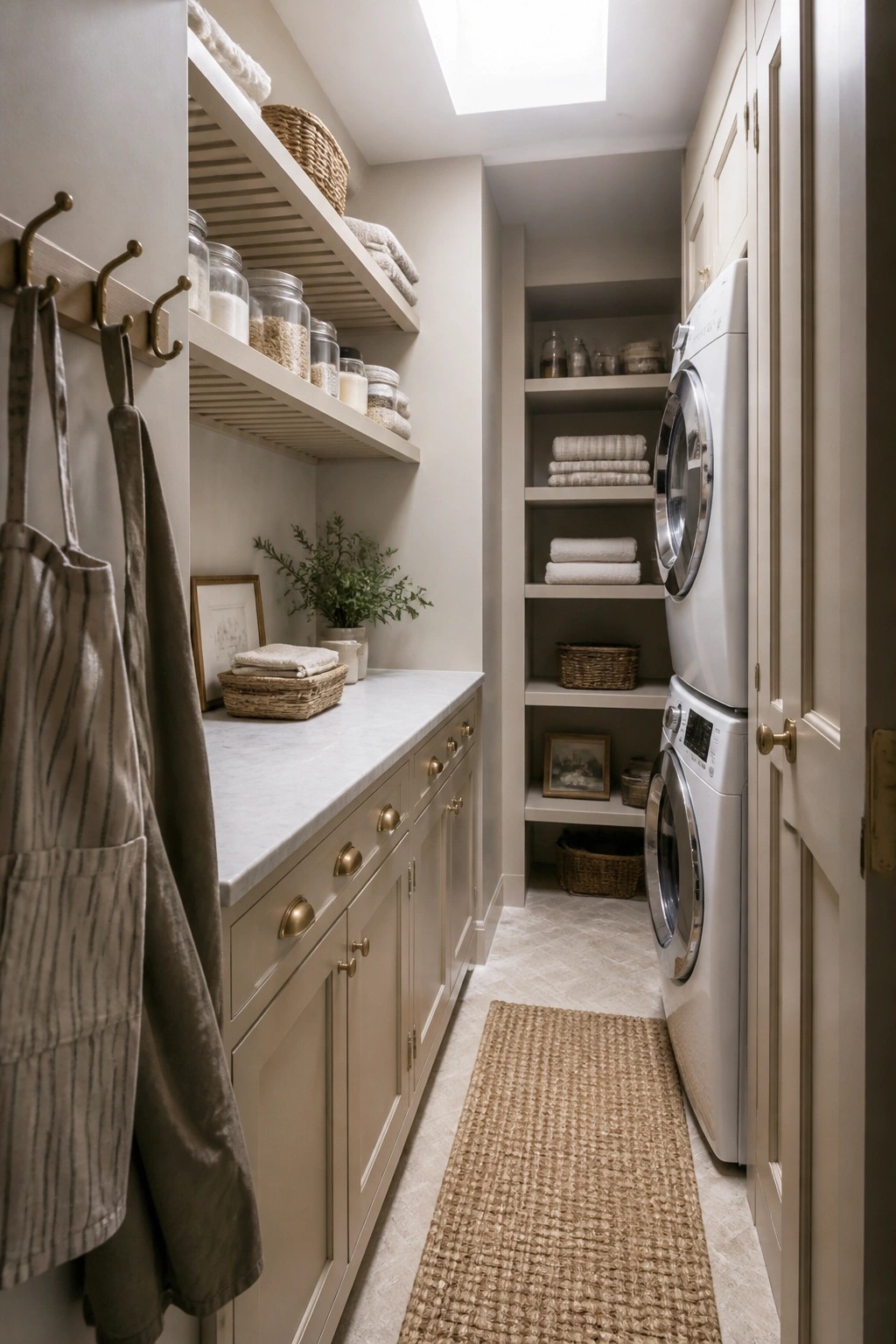 Light warm neutral paint covers the walls and cabinetry in a narrow laundry room.