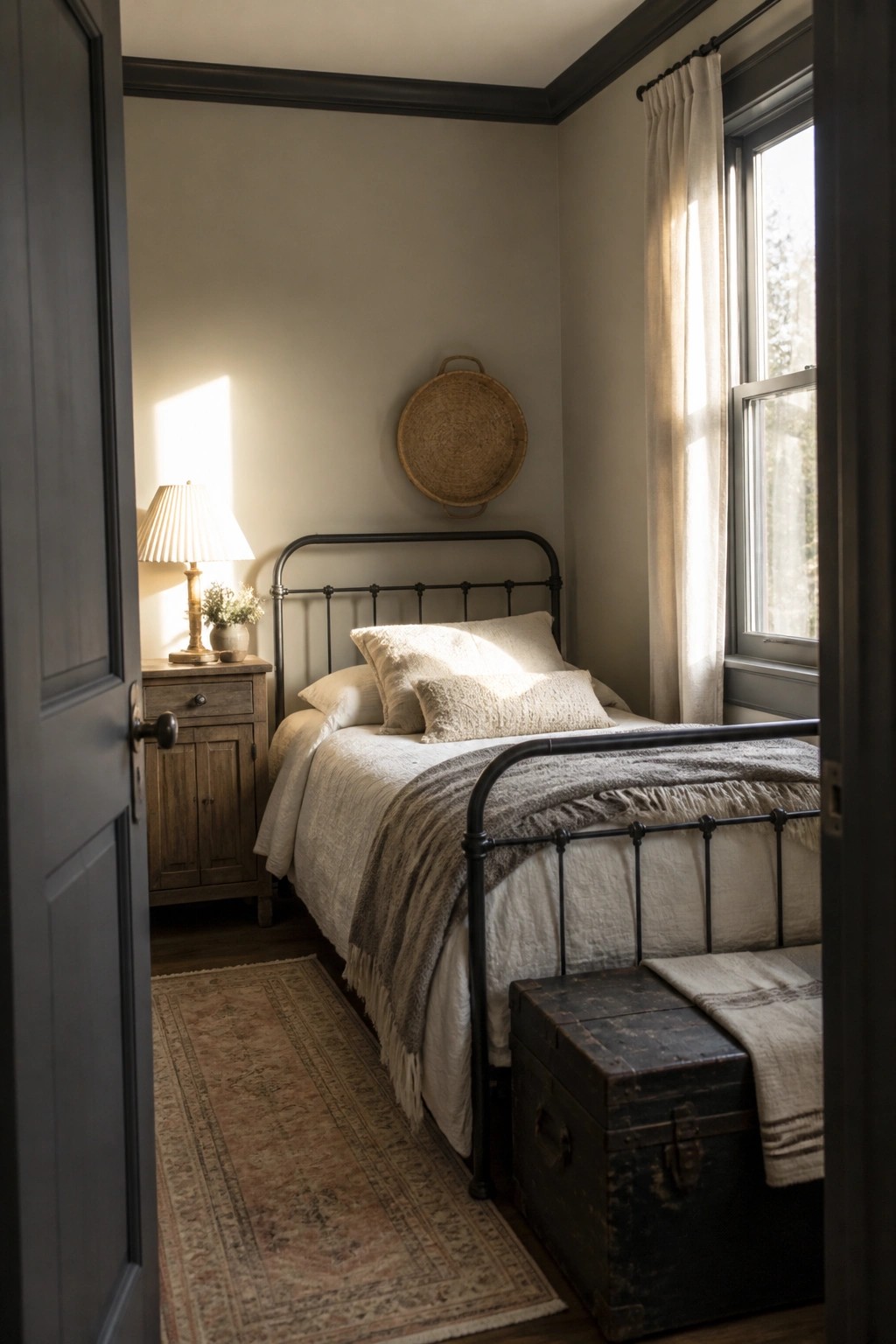 A small bedroom with light warm beige walls and simple dark furnishings.