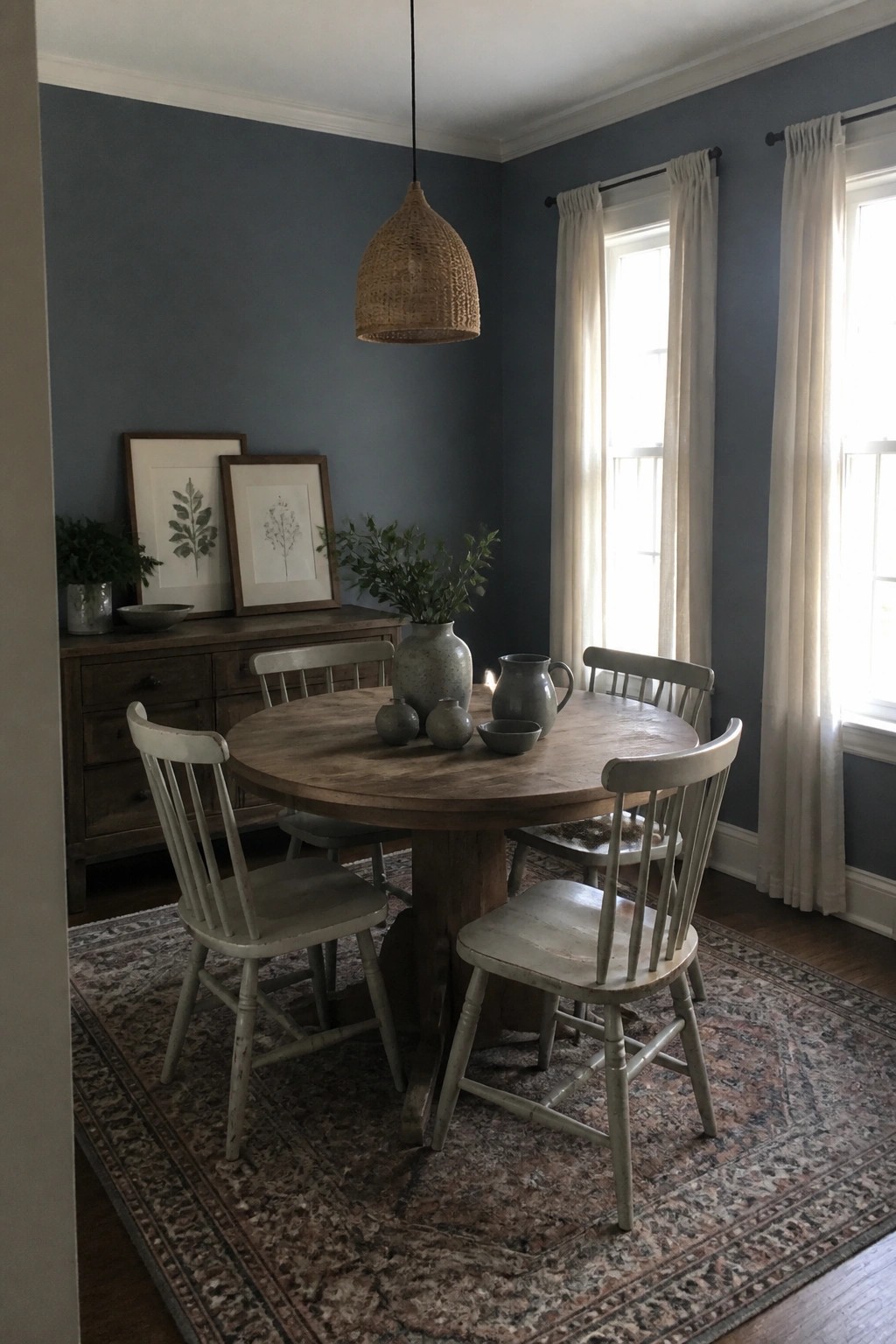A small dining room with muted blue gray walls, a round wood table, and distressed chairs on a patterned rug.