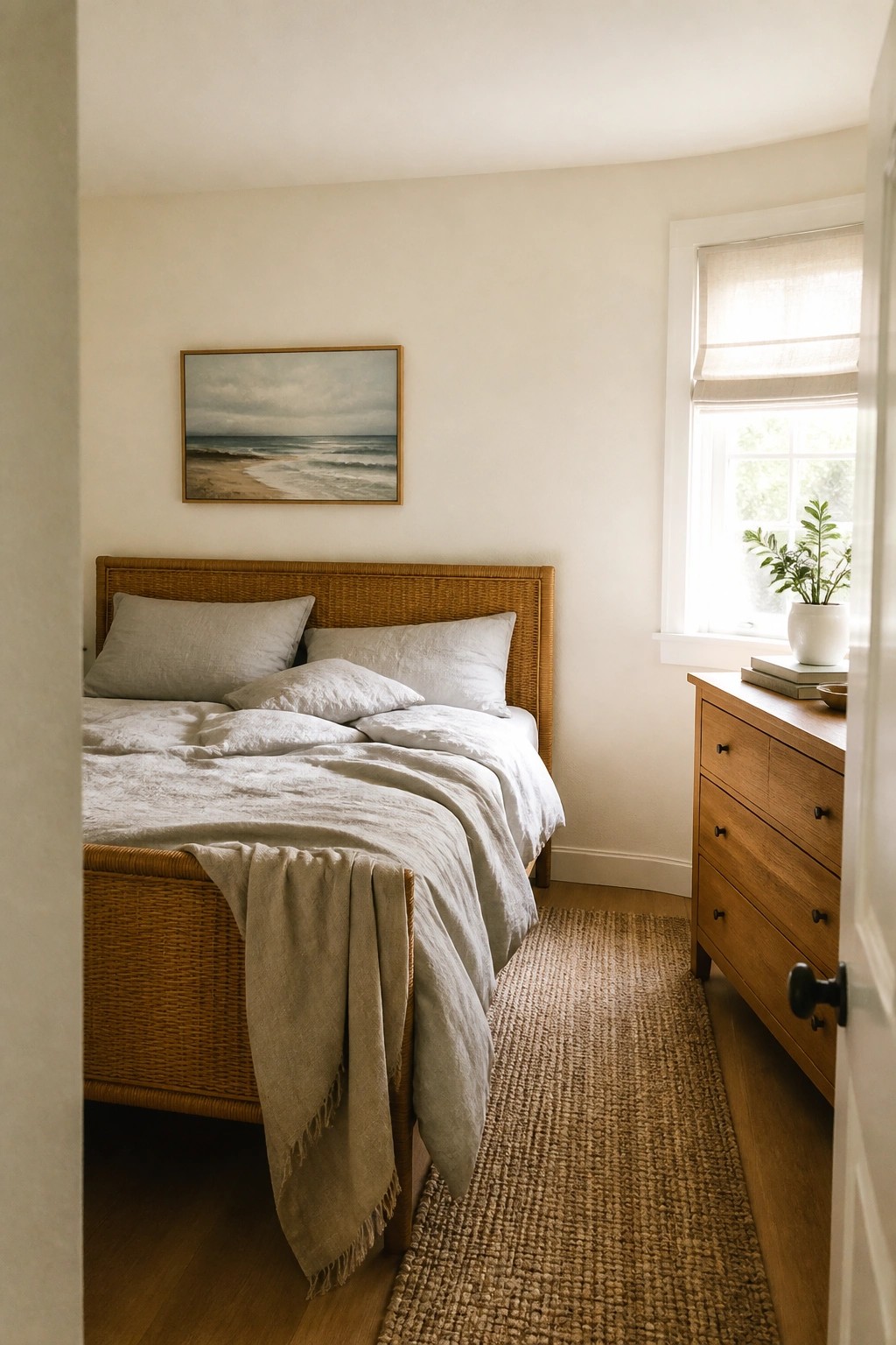 Light warm off-white walls in a small bedroom with wood flooring and a woven headboard.