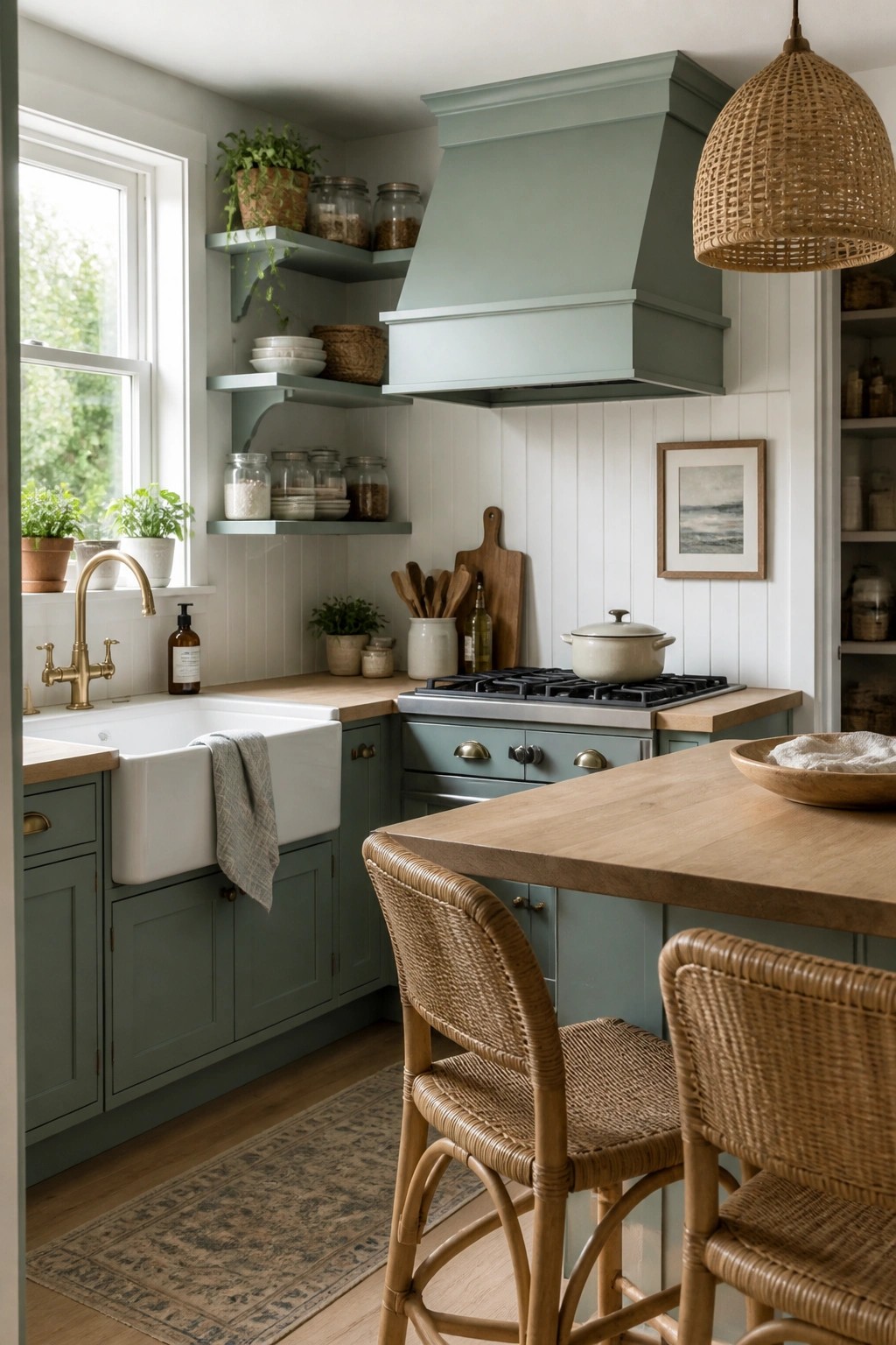 A compact kitchen with soft sage green cabinets and a matching range hood.