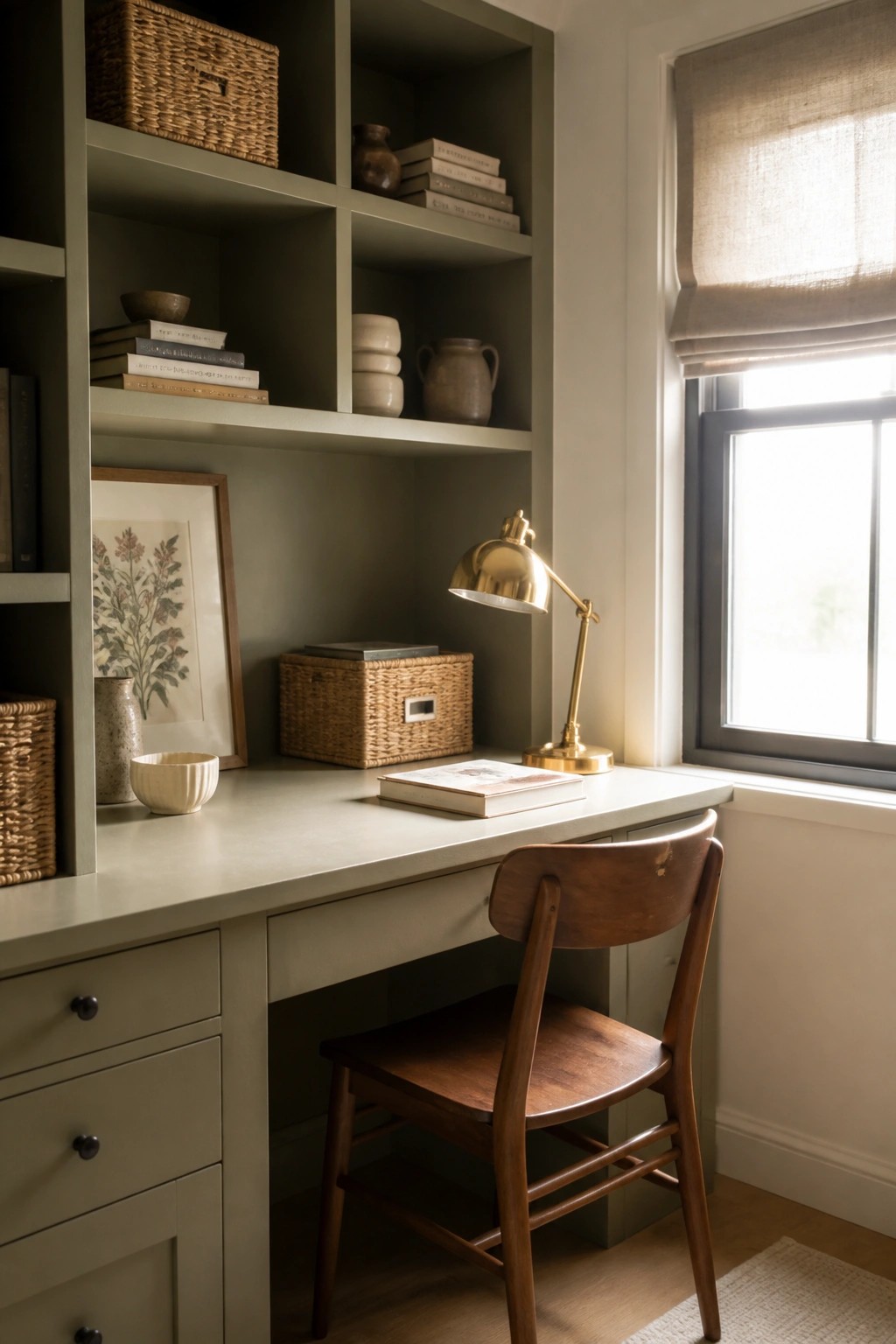 Sage green built-in desk with wooden chair, brass lamp, books, and woven baskets.
