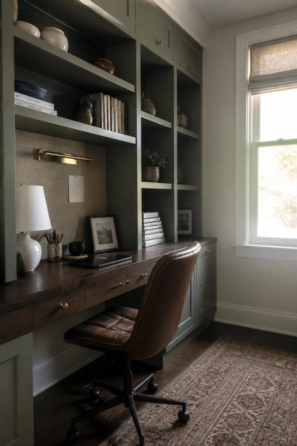 Built-in desk and shelving painted in a muted sage green inside a small home office.