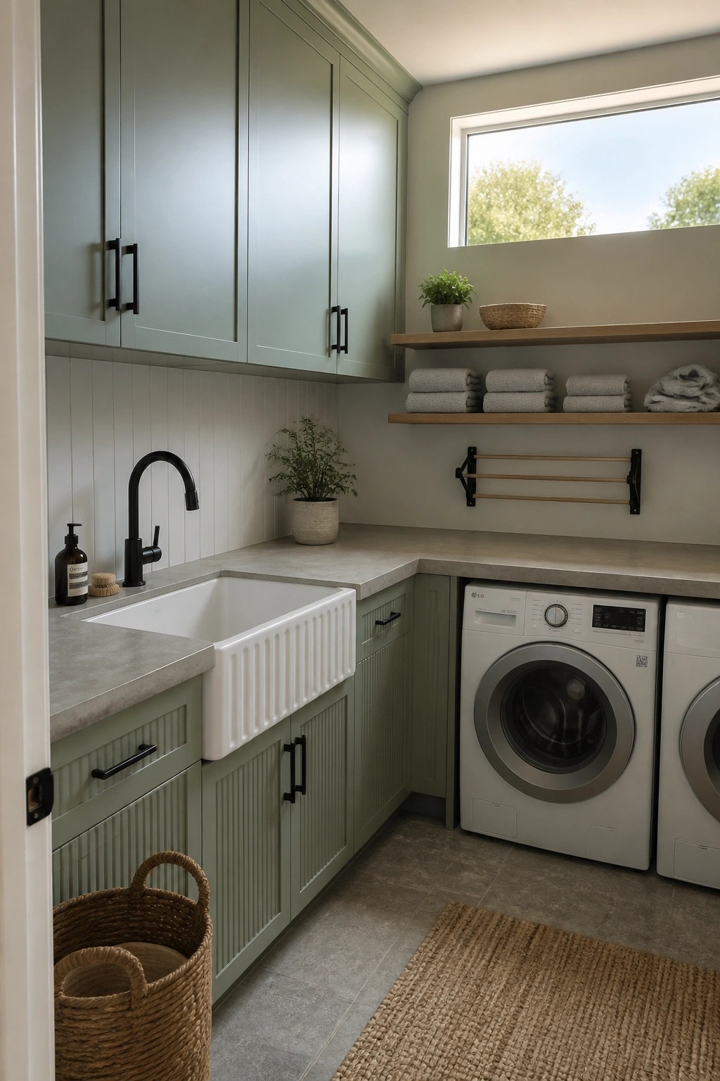 A compact laundry room featuring sage green cabinets, a white farmhouse sink, and concrete counters.