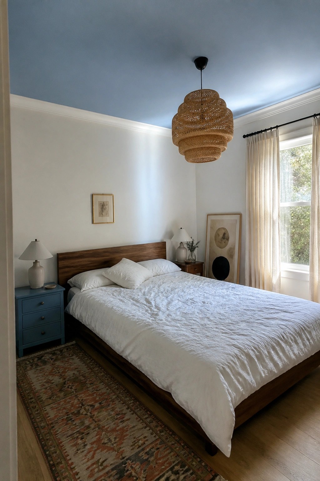 Cozy bedroom with wooden bed, white linens, blue nightstand, woven pendant light, and colorful rug.