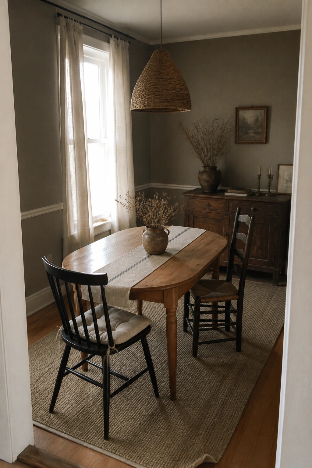 Soft gray walls in a small dining room with a wooden table and black chairs on a woven rug.