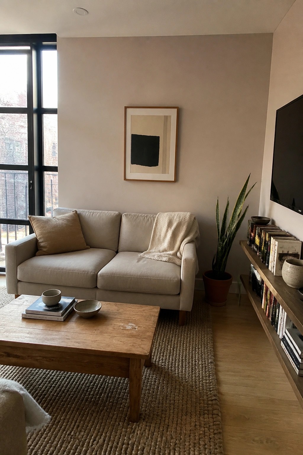 Beige sofa with throw blanket on woven rug beside wooden coffee table and snake plant.