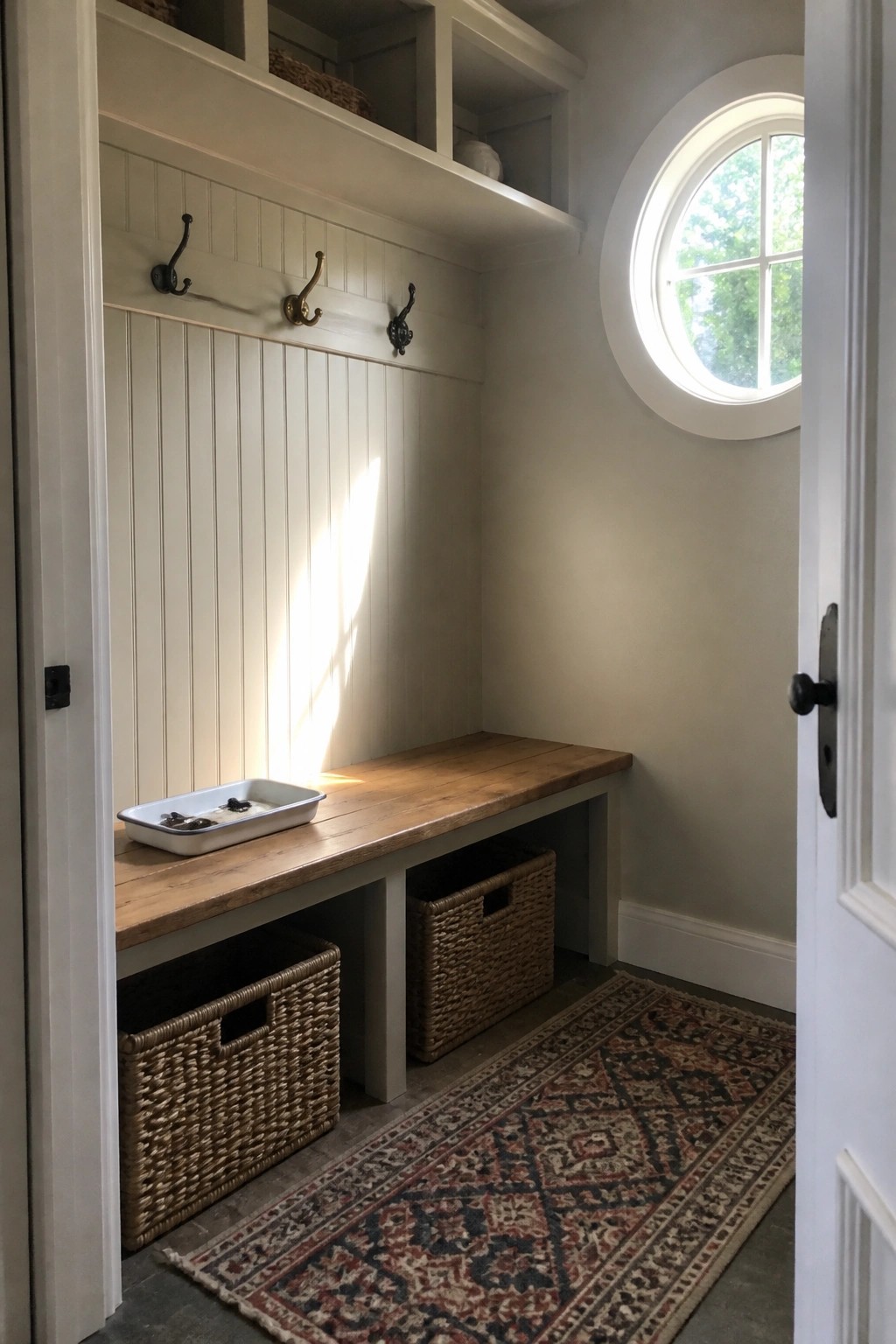 Warm off-white paint covering the walls and built-in storage in a small entryway with a wooden bench.