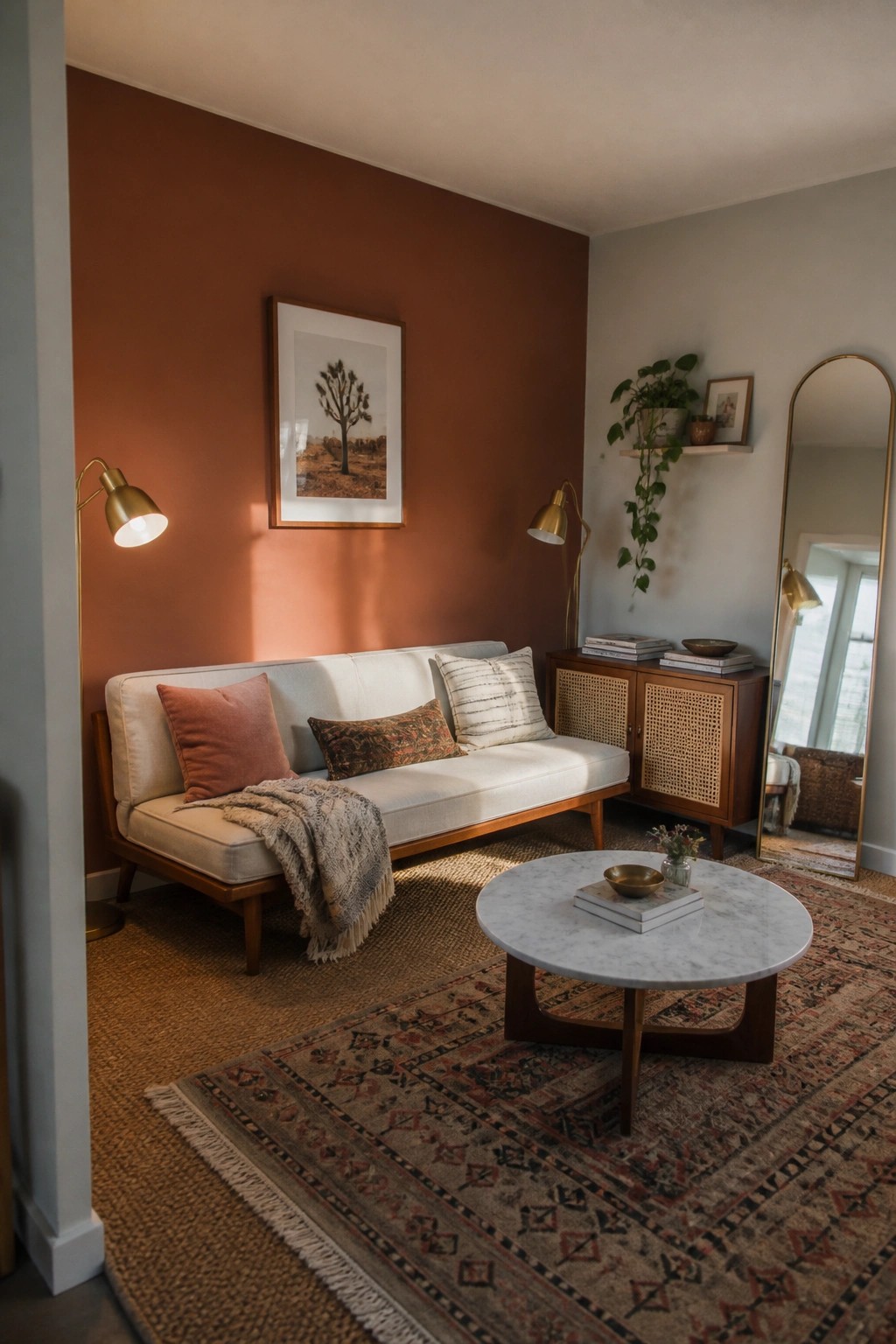 A warm terracotta accent wall in a small living area with wood furniture and a neutral sofa.