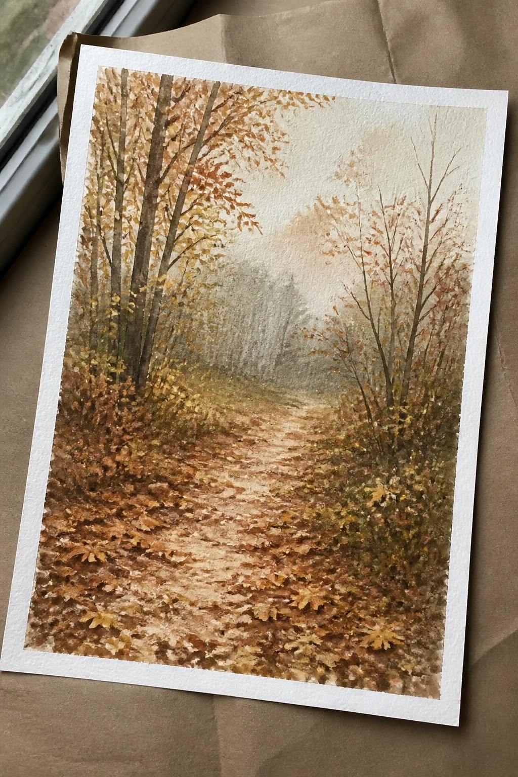 Watercolor painting of a leaf-covered dirt path through autumn trees with fog in the background.