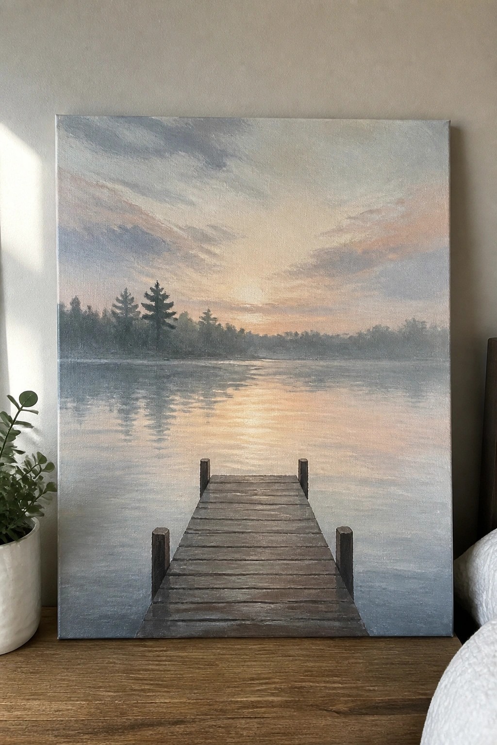 Painting of wooden dock over calm lake at sunset with potted plant nearby