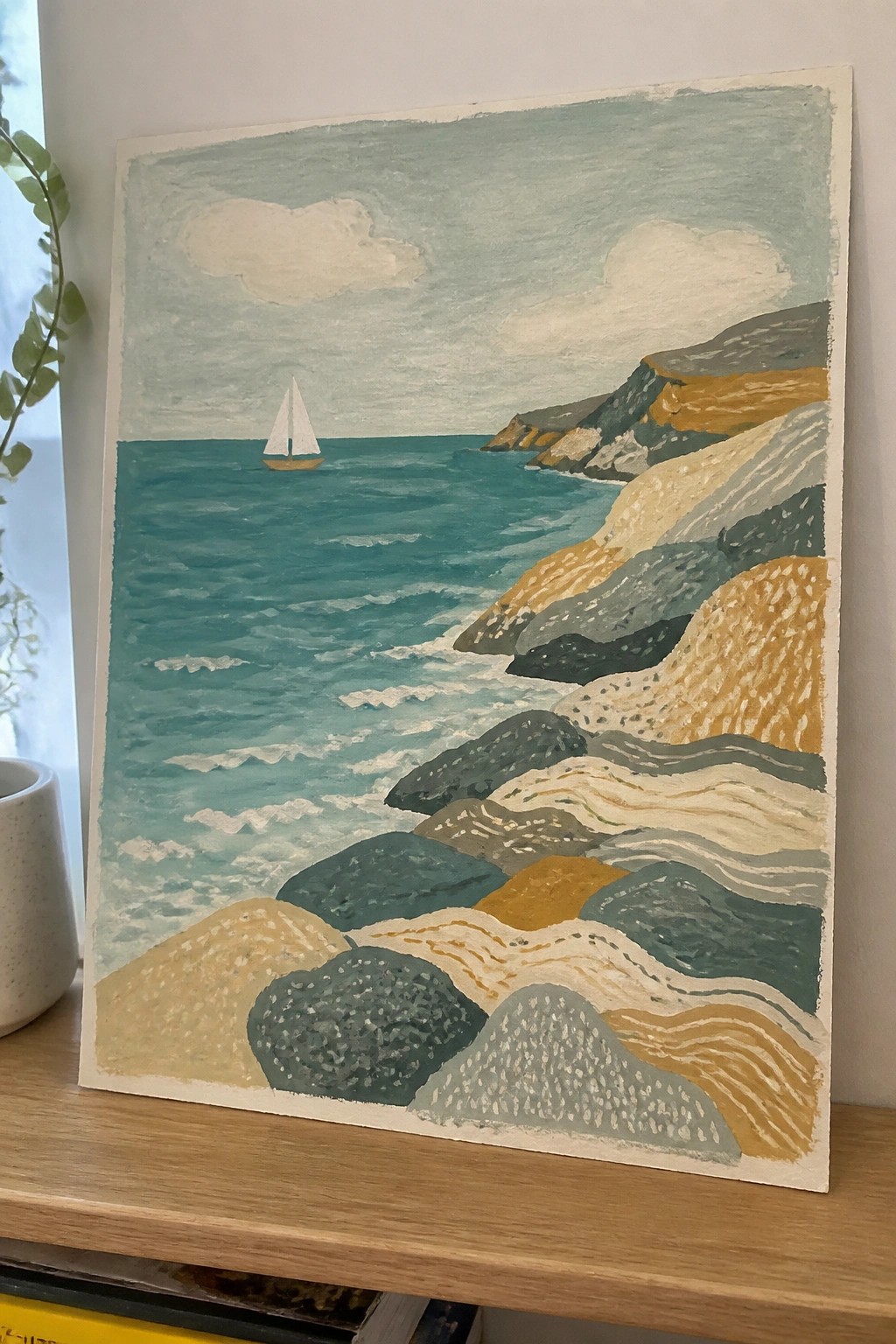 Stylized seascape painting with sailboat, turquoise waves, and layered earth-toned cliffs