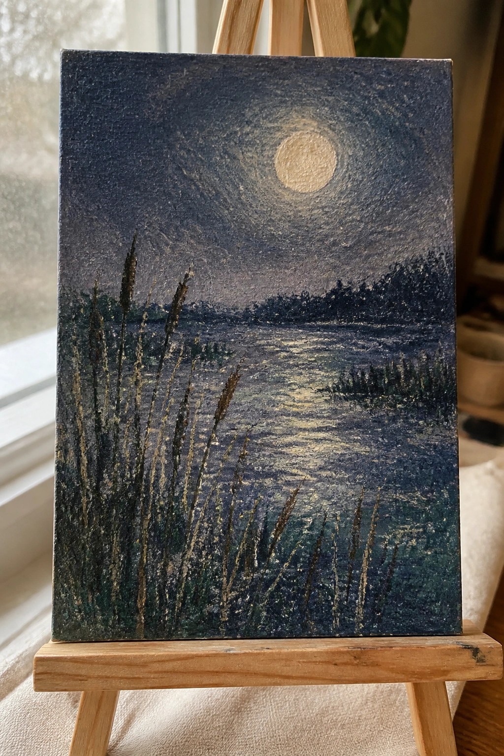 Oil painting on easel shows full moon over reflective lake with foreground reeds at night
