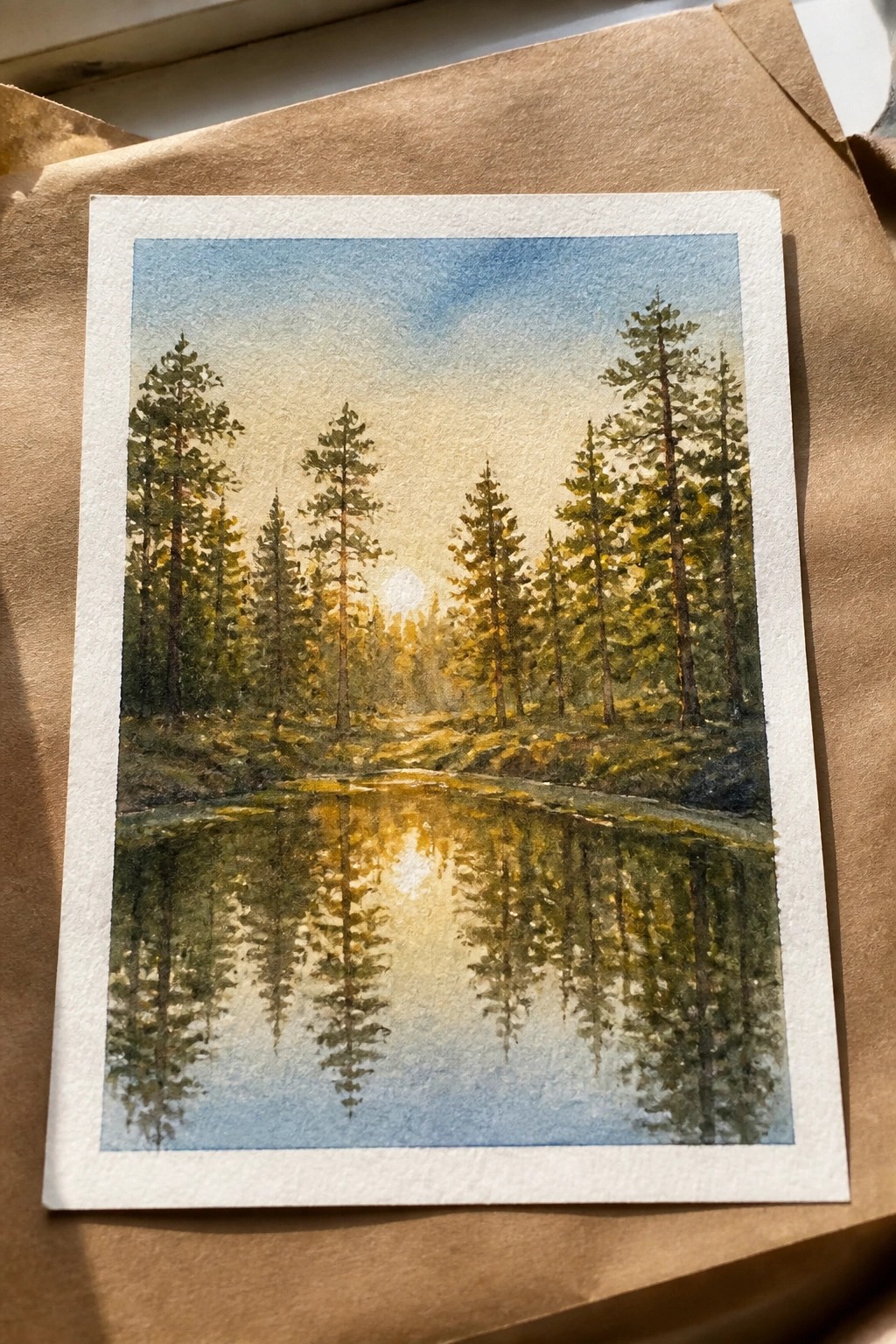 Watercolor painting of pine trees reflected in a pond under a golden sunset.