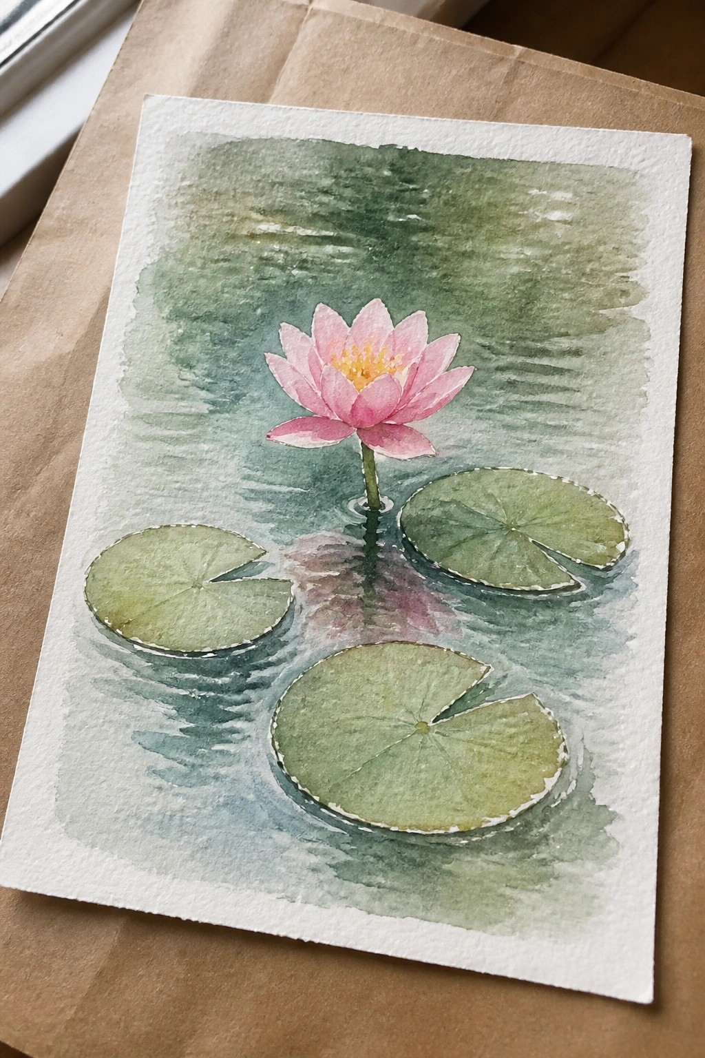 Watercolor of pink water lily with yellow center amid green lily pads on rippled pond.
