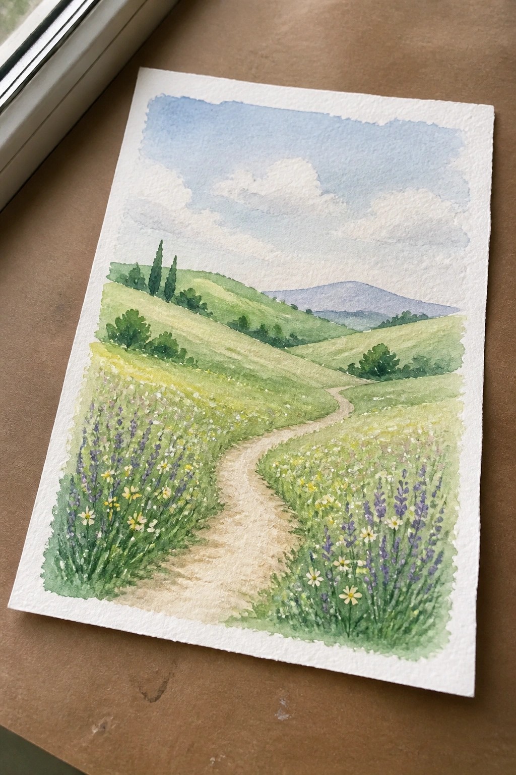 Watercolor of winding dirt path through wildflowers on rolling green hills under blue sky.