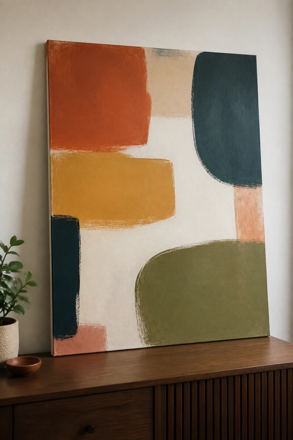 Abstract painting with orange, yellow, teal, and green shapes on wooden cabinet beside plant.
