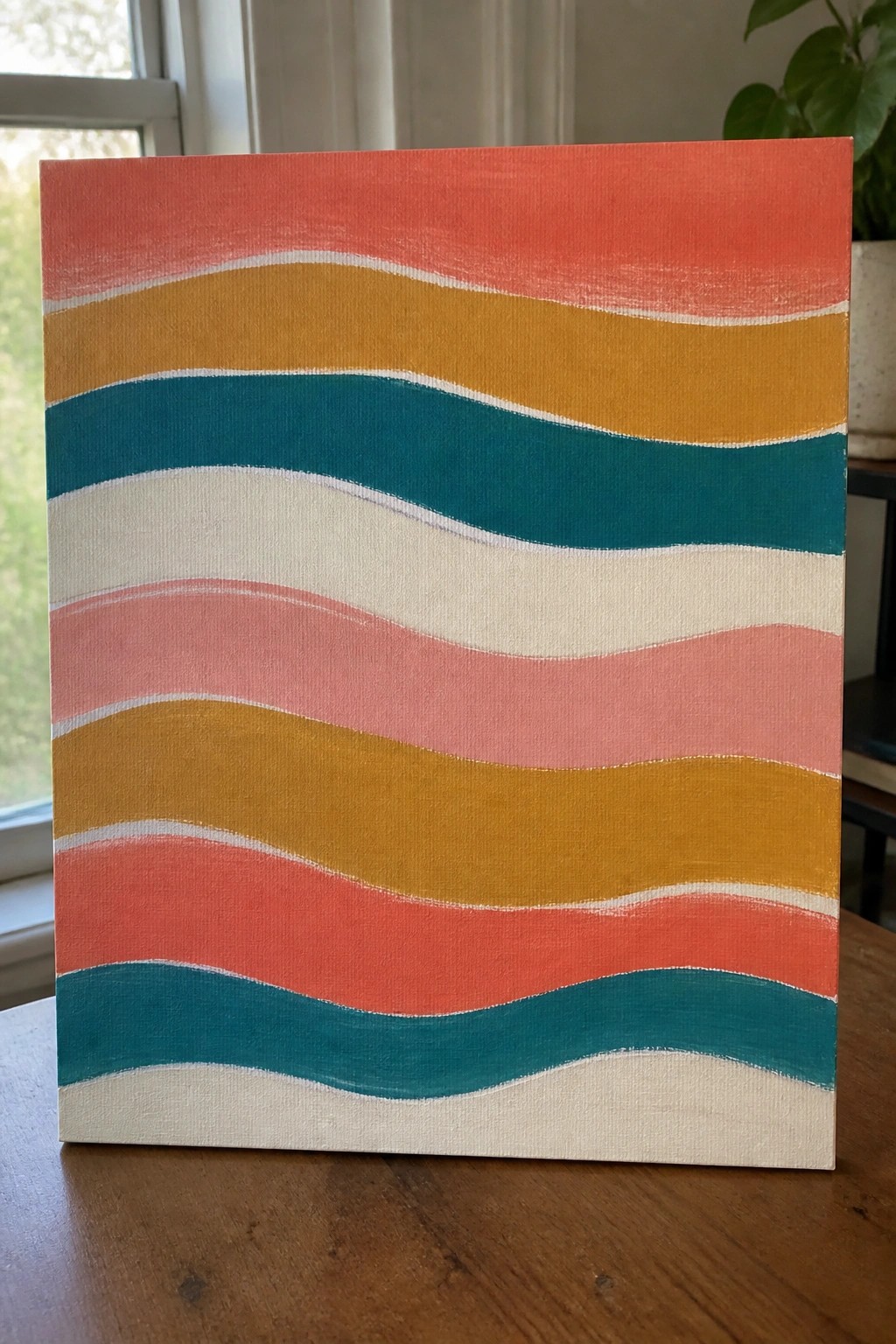 Abstract painting with wavy stripes in coral, yellow, teal, pink, and white on canvas