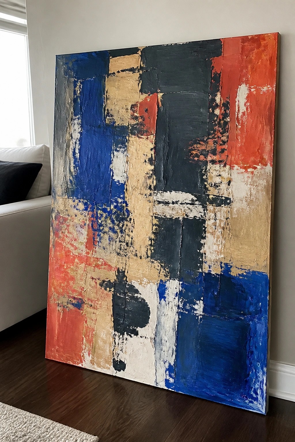 Abstract painting with bold red, blue, black, beige, and white blocks in living room