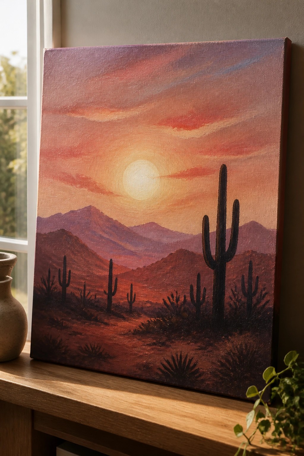 Desert sunset painting with cacti and mountains on wooden windowsill beside vase and plant