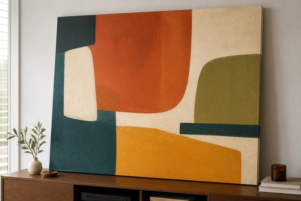 21 Stylish Living Room Canvas Painting Ideas for Blank Walls Abstract painting with orange, yellow, teal, and green shapes on wooden cabinet beside plant.