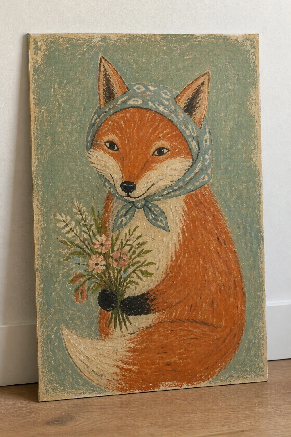 Rustic painting of orange fox in blue bandana holding wildflower bouquet on green canvas.