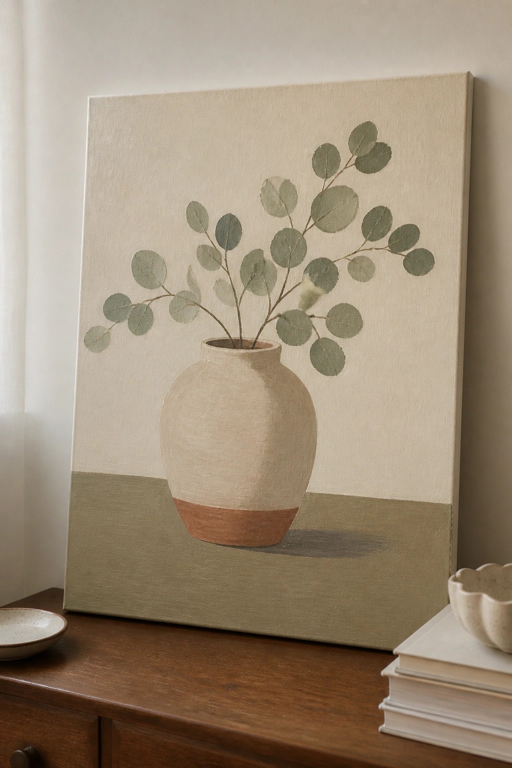 Painting of eucalyptus branches in a terracotta vase on olive green background