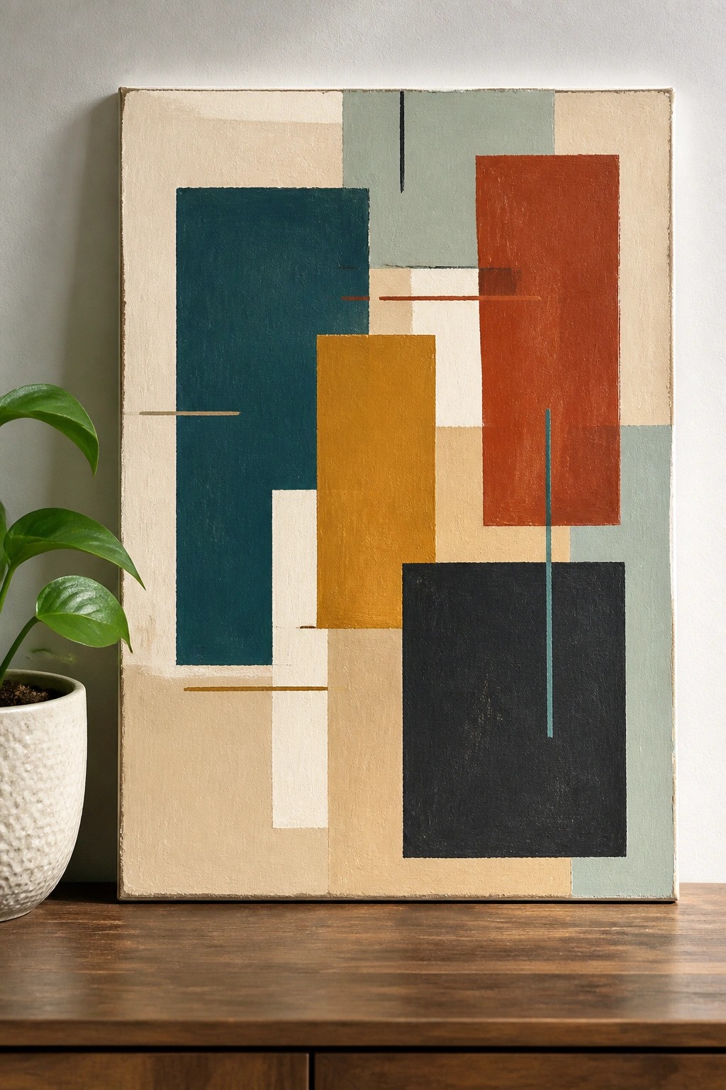 Abstract geometric painting with teal, orange, and yellow blocks beside a potted plant on wood