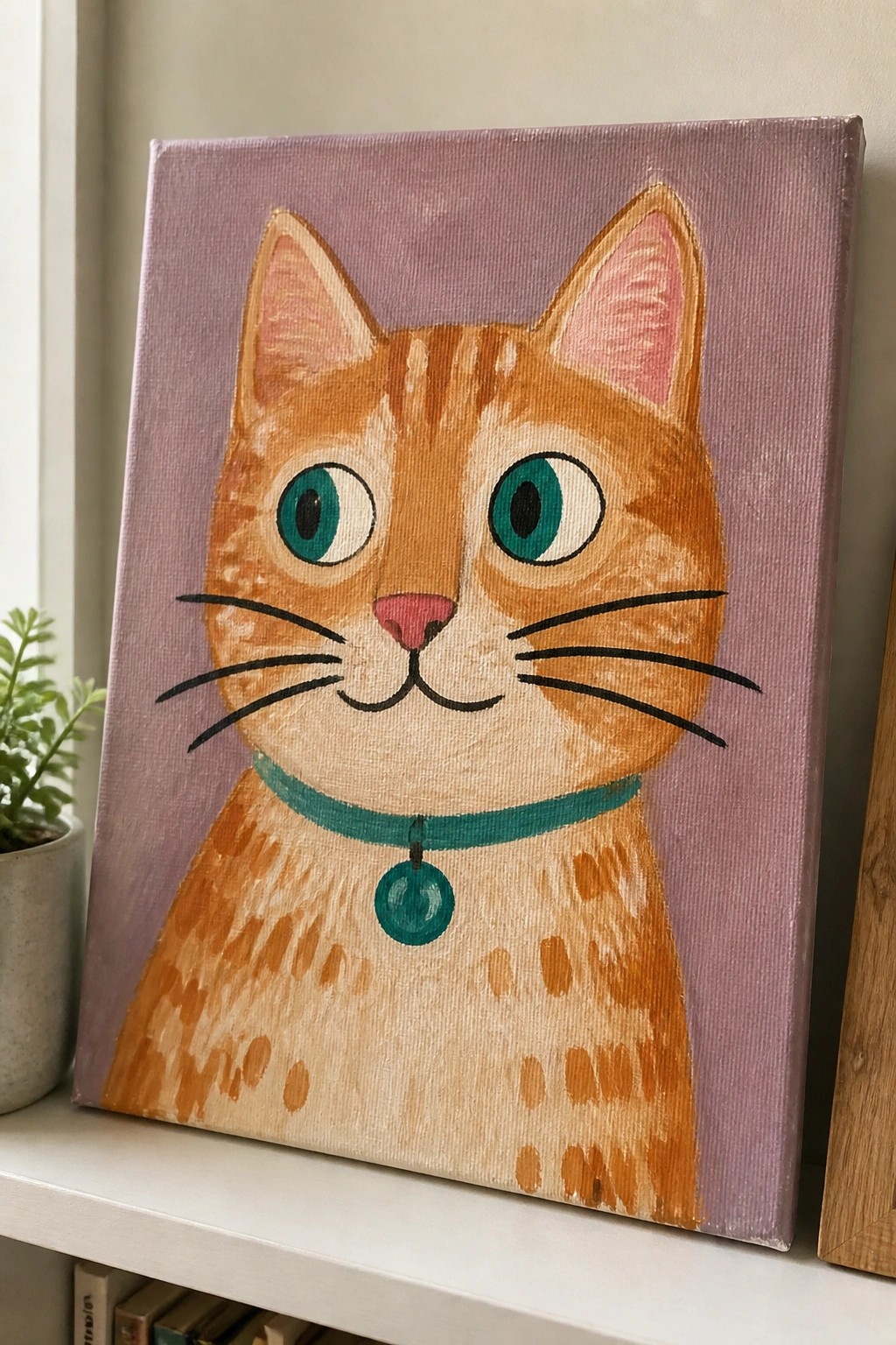 Vibrant acrylic painting of orange tabby cat with teal collar and bell on purple canvas