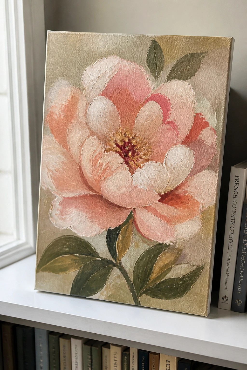 Canvas painting of blooming pink flower with leaves on shelf beside books.