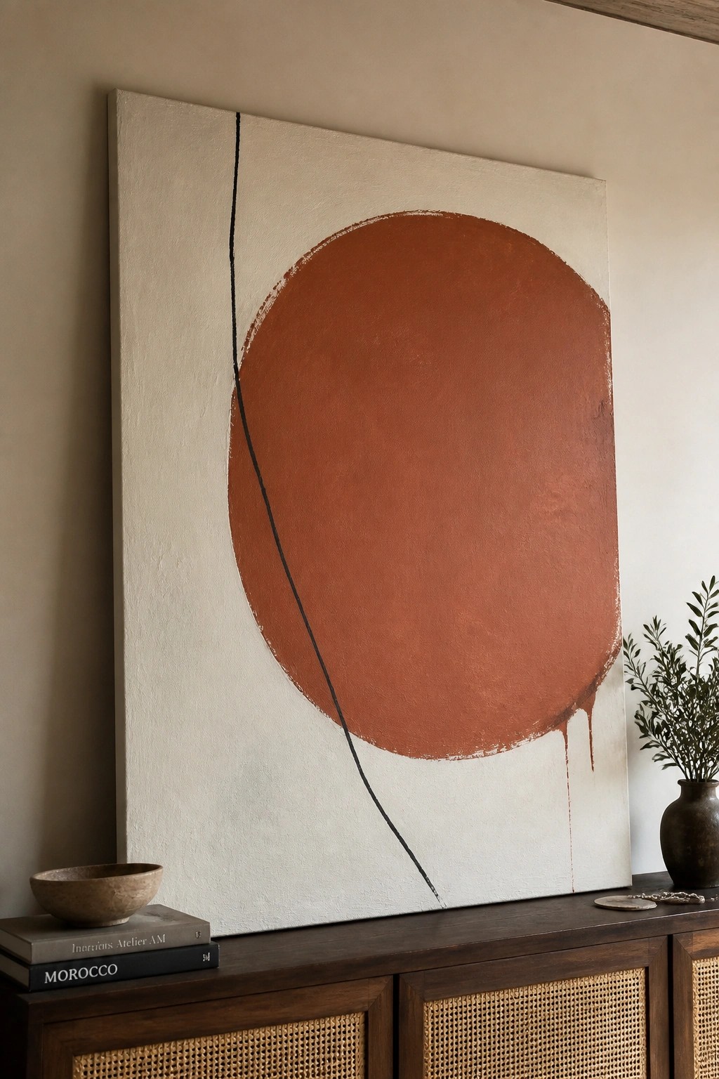 Abstract painting with large terracotta circle and black line above wooden cabinet