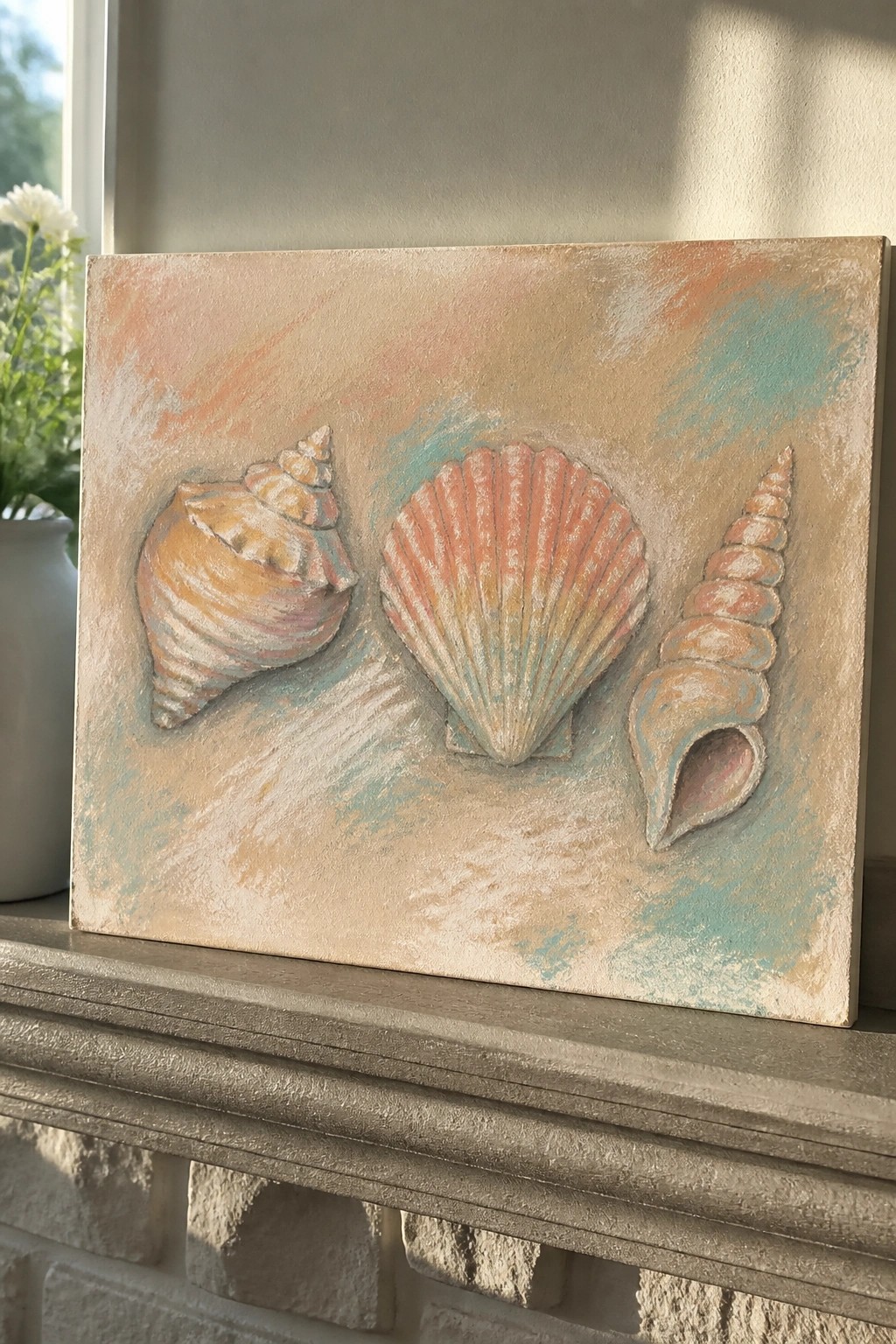 Three seashells on a textured canvas with soft peach and teal hues