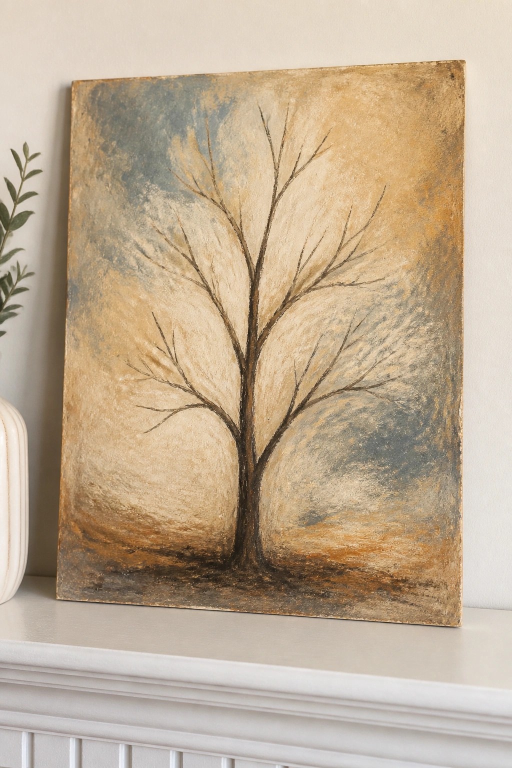 Textured painting of a leafless tree in earthy brown and blue tones on a mantel