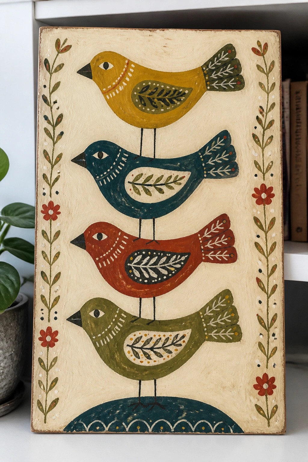 Four stacked colorful folk-art birds on a beige wooden plaque with floral borders.
