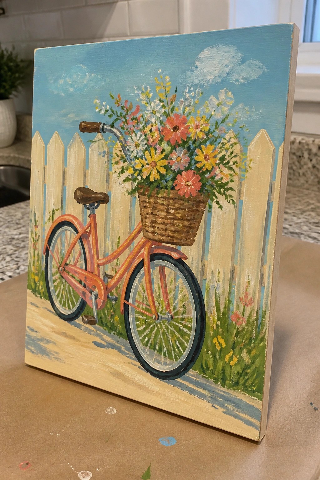 Orange bicycle with flower-filled basket beside white picket fence under blue sky.