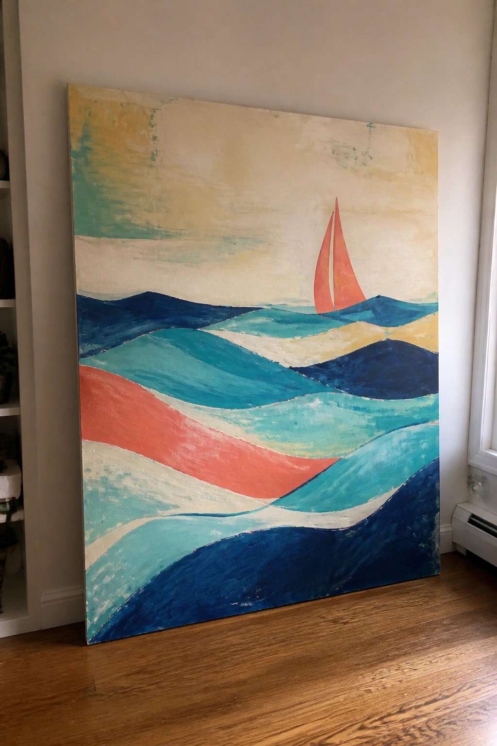 Abstract painting of red sailboat on colorful wavy blue and teal seas in yellow sky.