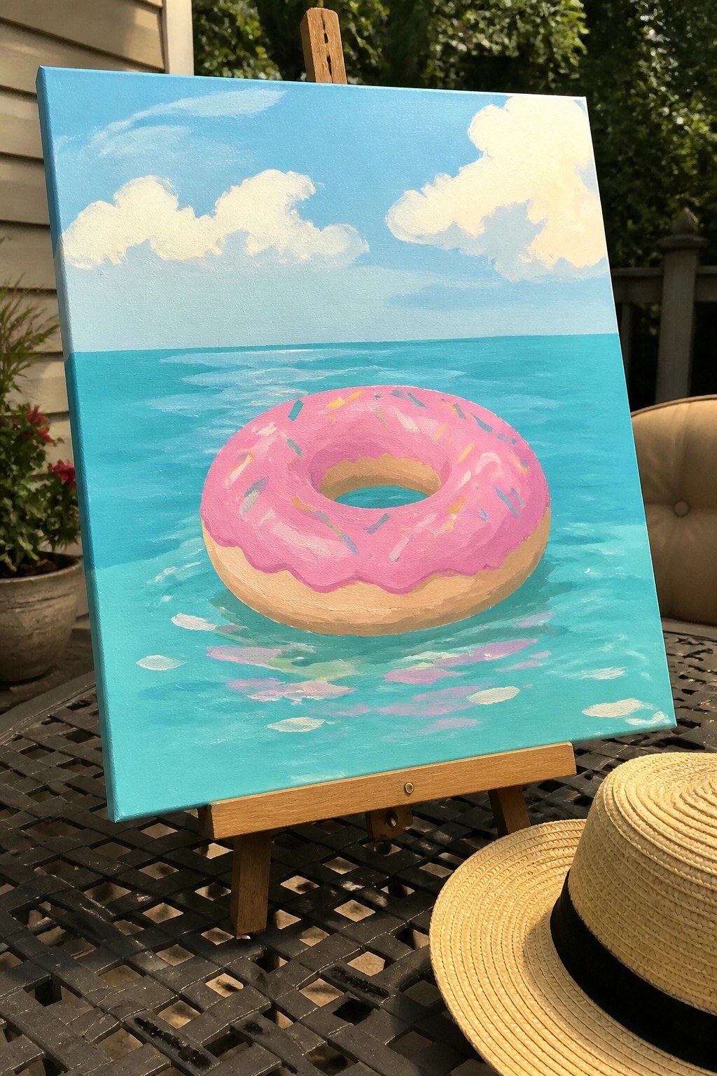 Painting on easel depicts pink sprinkled donut floating in turquoise ocean under blue sky