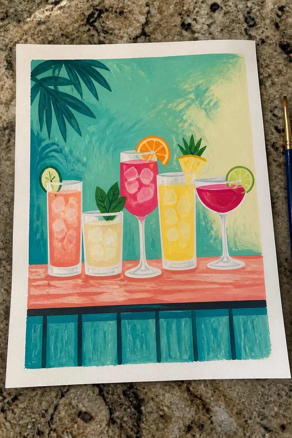 Vibrant cocktails with garnishes on a red bar counter against teal tropical backdrop.