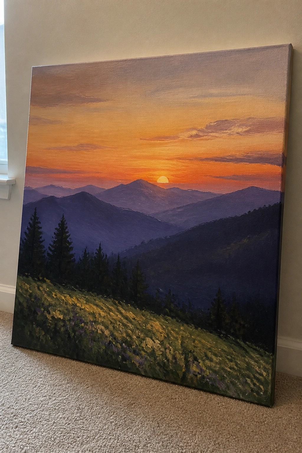 Vibrant oil painting of orange sunset over layered purple mountains and pine trees.