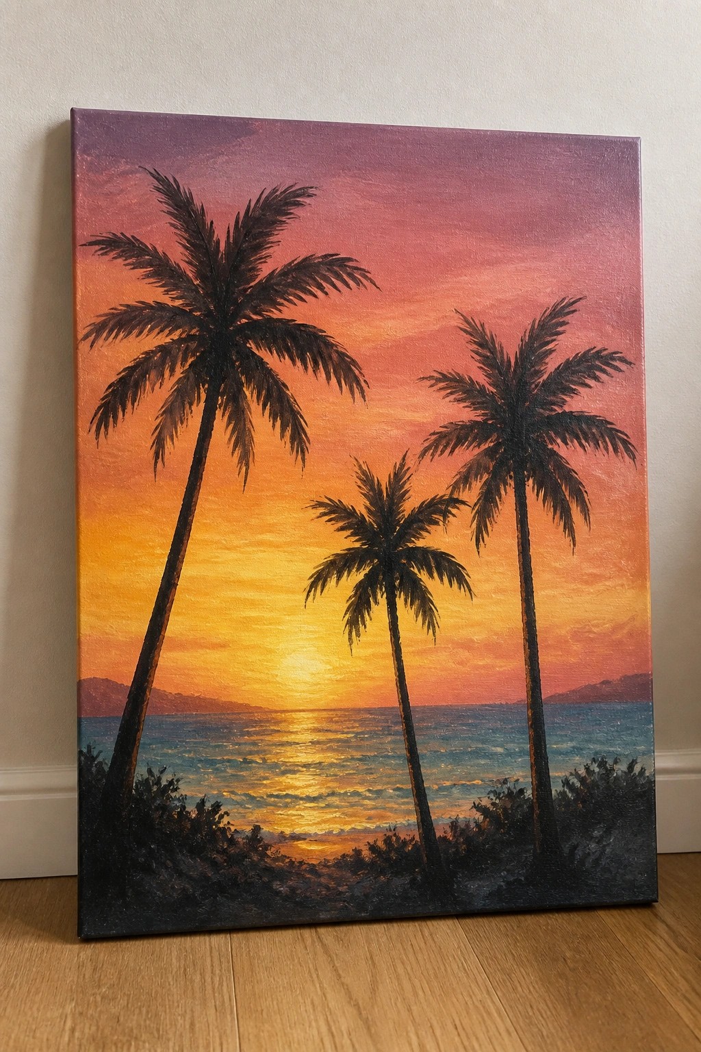 Three silhouetted palm trees against a vibrant purple-orange ocean sunset