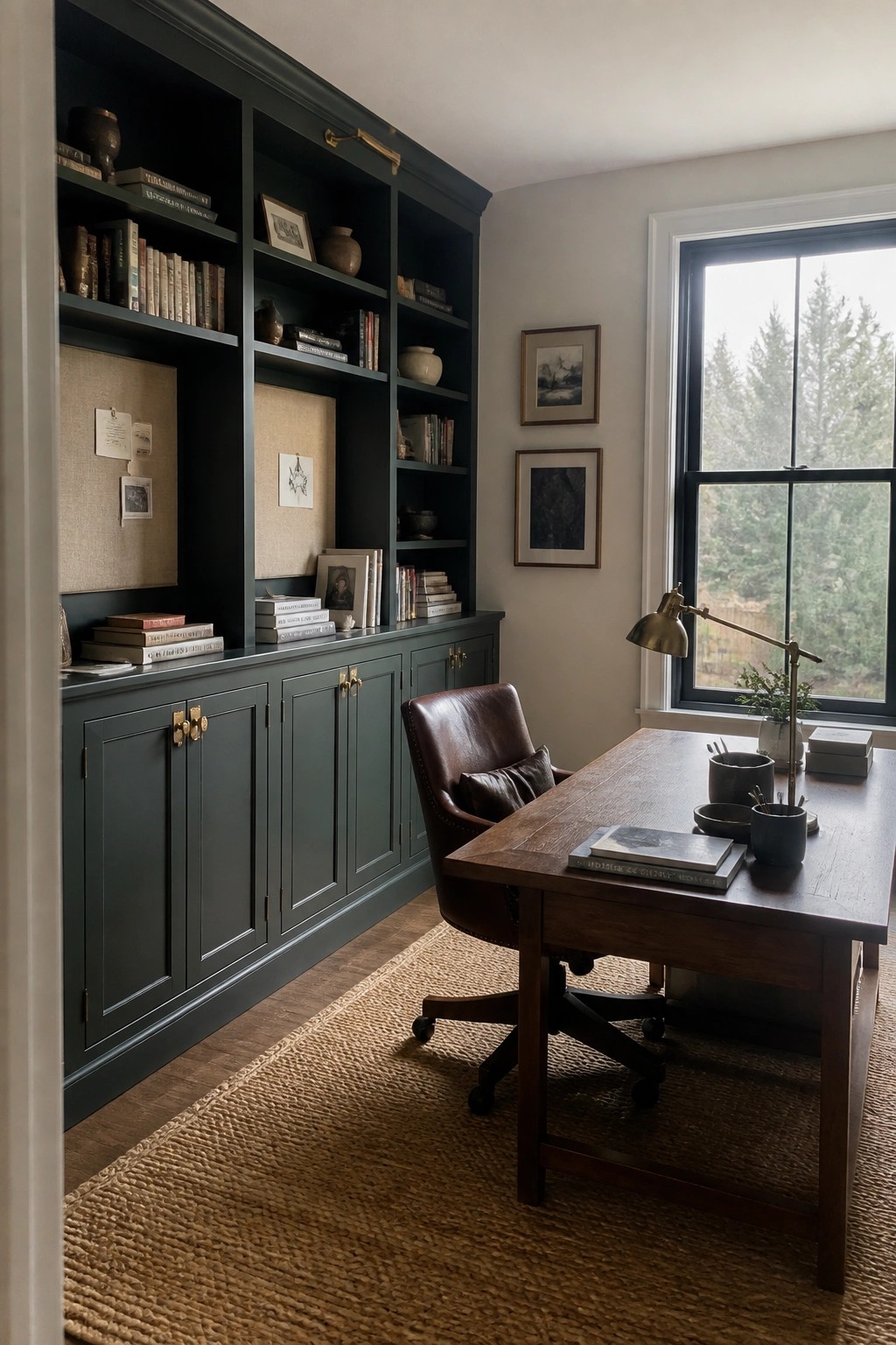 Built-in bookshelves and cabinets painted in a deep green fill one wall of a home office with a wooden desk and leather chair nearby.