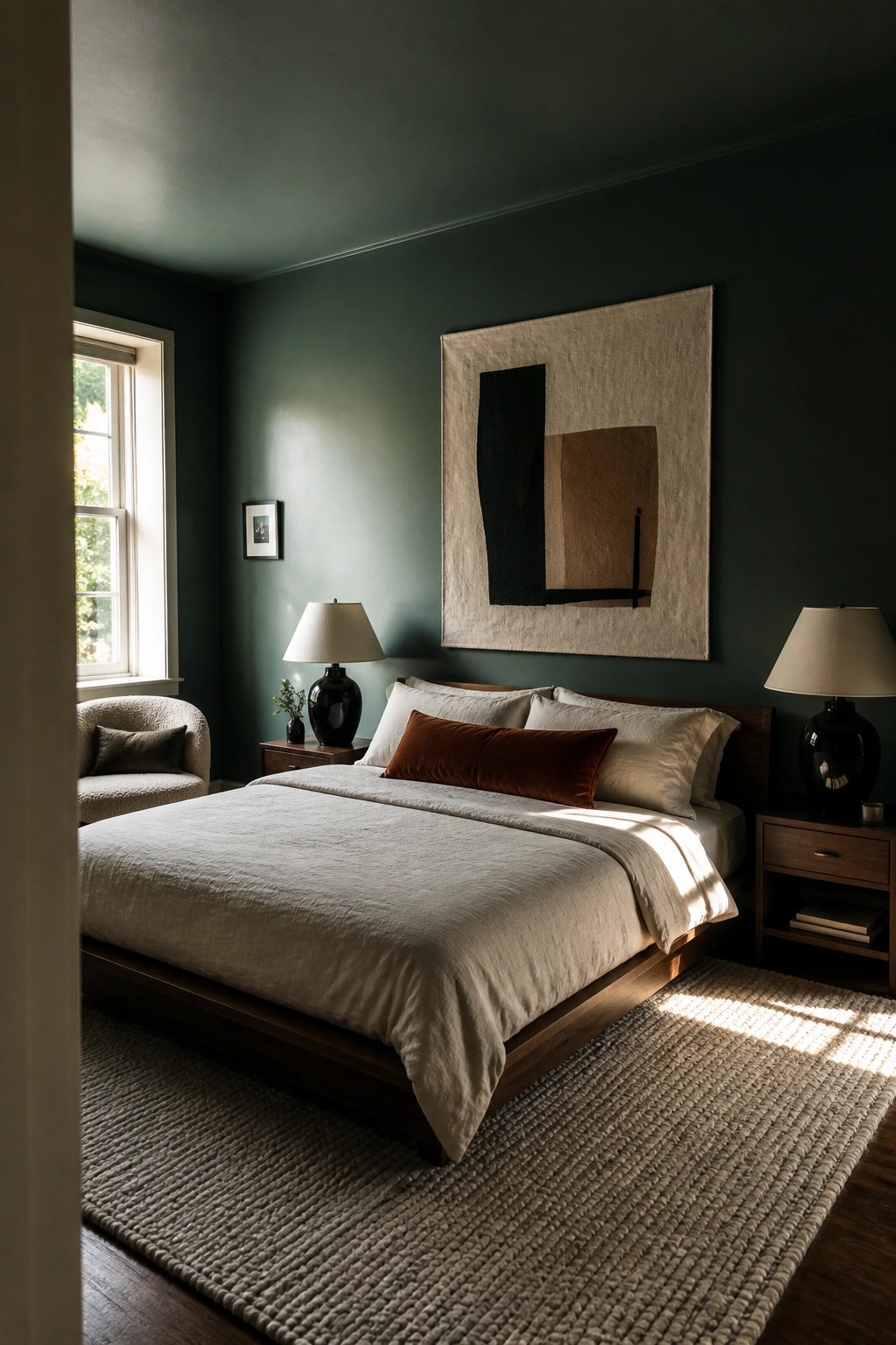 Dark green bedroom with wooden bed, white linens, abstract art, and woven rug