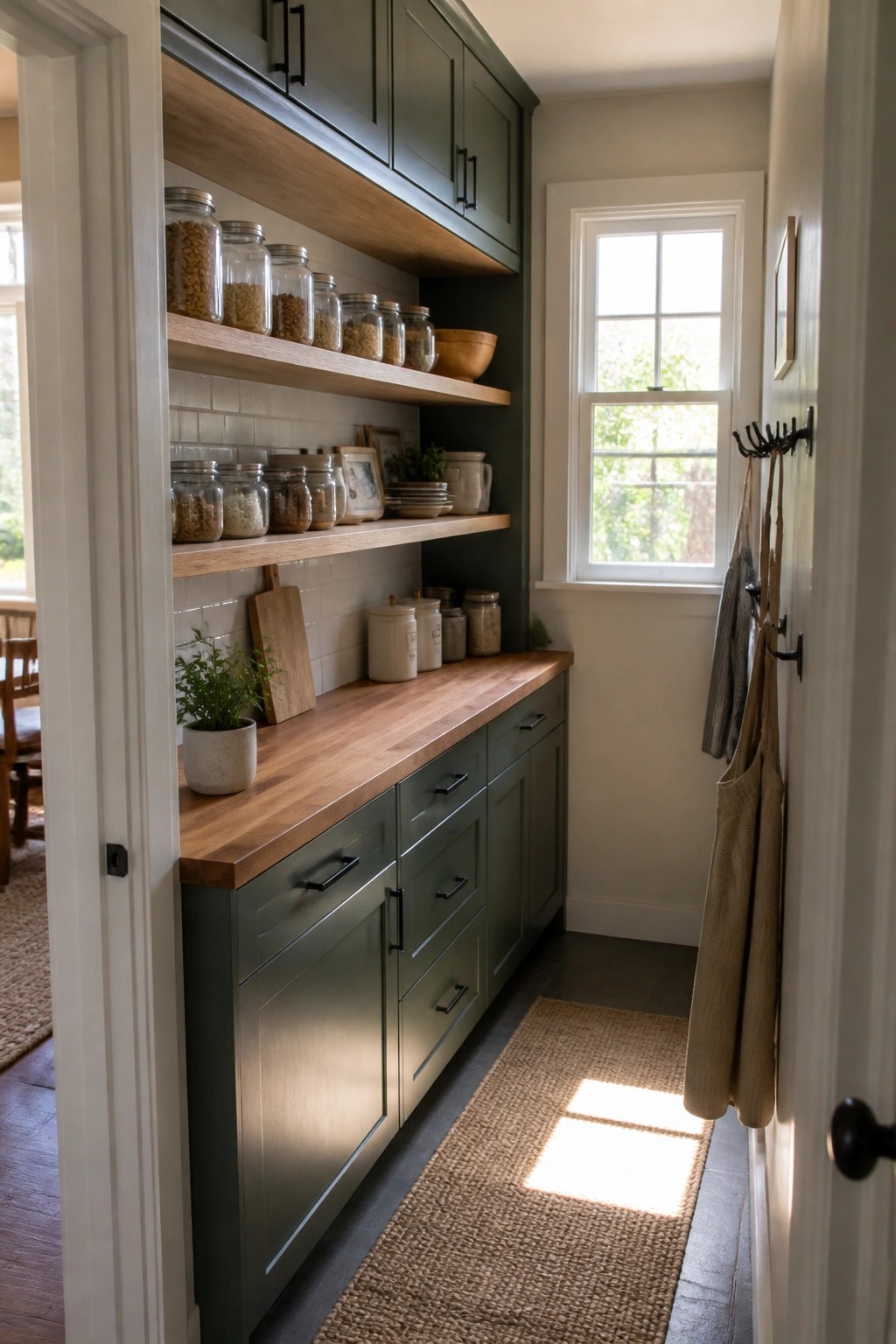 Dark green cabinets fill a narrow kitchen with wooden shelves and a window at the end.