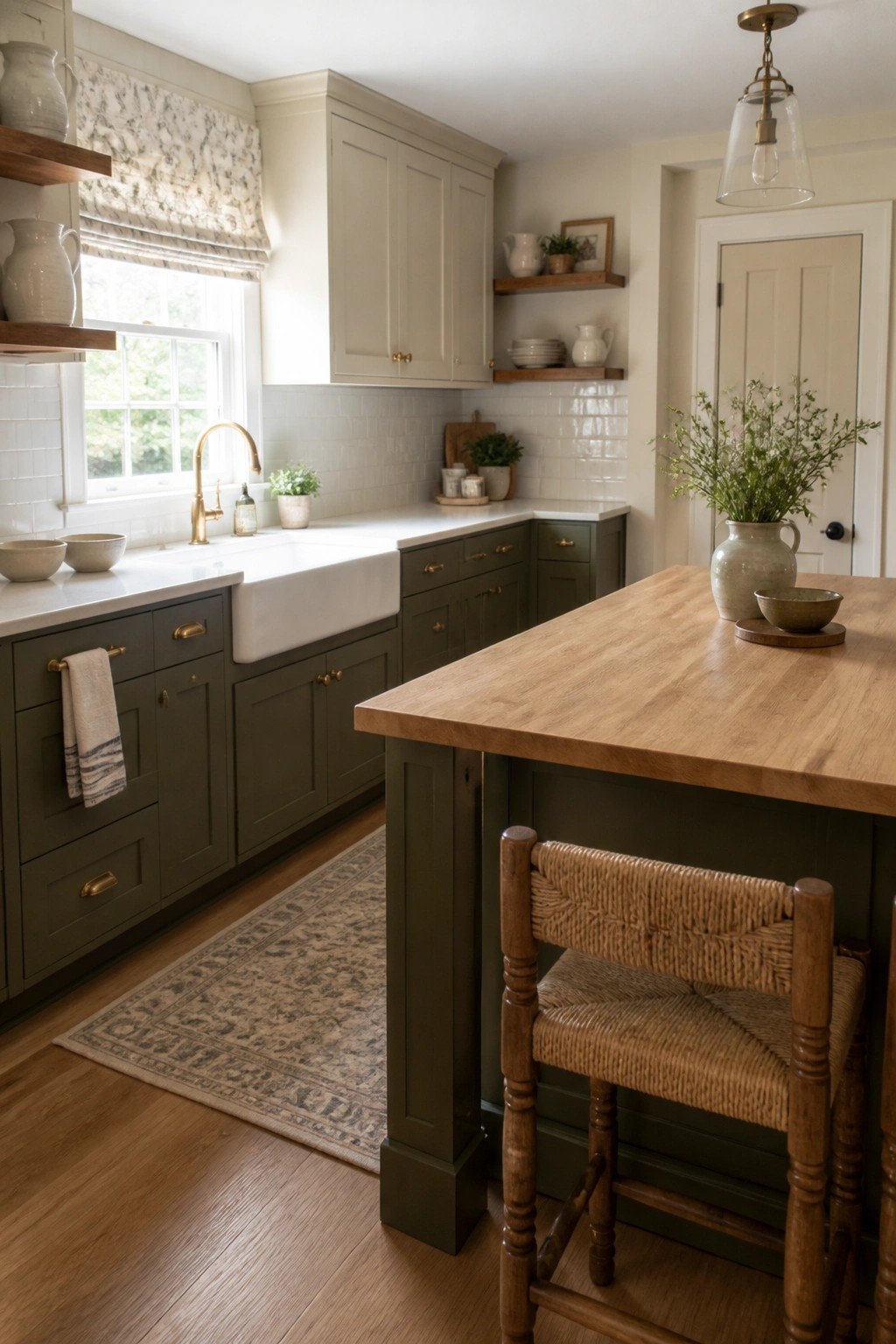 A kitchen with deep green cabinets, a white farmhouse sink, and a wood island.